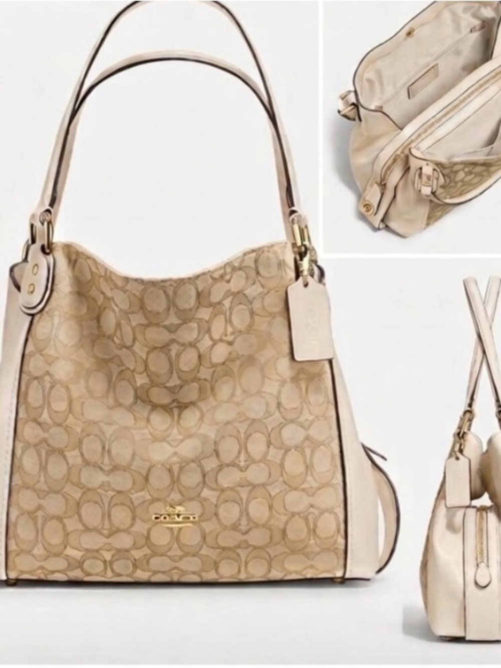 Coach Edie Khaki & Chalk Signature Canvas Leather Shoulder Bag w/Turnlock